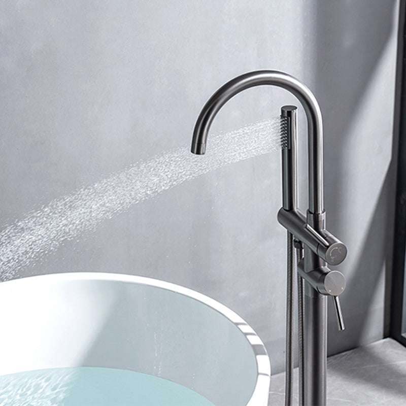 Floor Mounted Metal Freestanding Tub Filler High Arc Freestanding Faucet with Hose Clearhalo 'Bathroom Remodel & Bathroom Fixtures' 'Bathtub Faucets' 'bathtub_faucets' 'Home Improvement' 'home_improvement' 'home_improvement_bathtub_faucets' 6439037