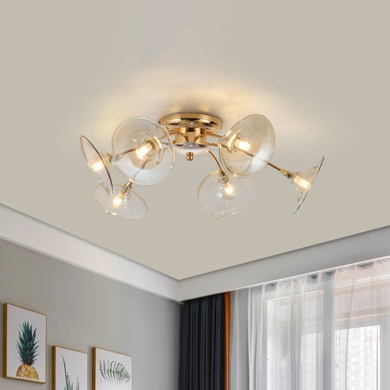 6 Lights Dining Room Semi Flush Mount Lamp with Trumpet Glass Shade Nordic Gold Ceiling Light Fixture Clearhalo 'Ceiling Lights' 'Close To Ceiling Lights' 'Close to ceiling' 'Glass shade' 'Glass' 'Pendant Lights' 'Semi-flushmount' Lighting' 646038