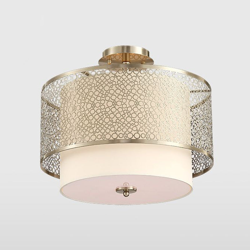 3 Bulbs Cylinder Flush Lamp with Metal Carved Shade Vintage Ceiling Flush Mount Light in Gold Clearhalo 'Ceiling Lights' 'Close To Ceiling Lights' 'Close to ceiling' 'Semi-flushmount' Lighting' 646050