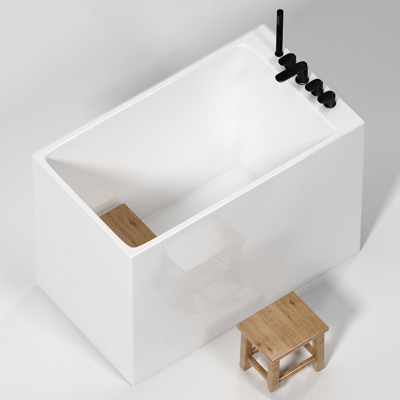 Modern White Rectangle Acrylic Bathtub Freestand Soaking Bathtub with Wood Bedplate Tub with Black 5-Piece Set Clearhalo 'Bathroom Remodel & Bathroom Fixtures' 'Bathtubs' 'Home Improvement' 'home_improvement' 'home_improvement_bathtubs' 'Showers & Bathtubs' 6462997