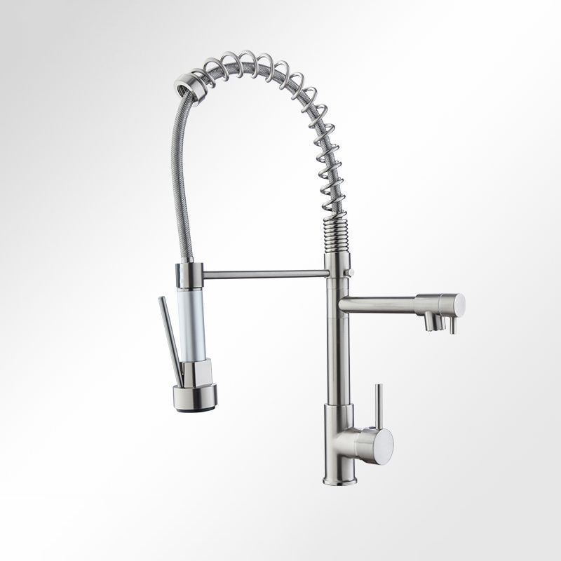 Farmhouse Bar Faucet Brass Lever Handles Spring Spout Swivel Spout Pre-Rinse Faucet Silver Clearhalo 'Home Improvement' 'home_improvement' 'home_improvement_kitchen_faucets' 'Kitchen Faucets' 'Kitchen Remodel & Kitchen Fixtures' 'Kitchen Sinks & Faucet Components' 'kitchen_faucets' 6467055