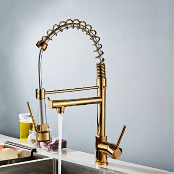 Farmhouse Bar Faucet Brass Lever Handles Spring Spout Swivel Spout Pre-Rinse Faucet Gold Clearhalo 'Home Improvement' 'home_improvement' 'home_improvement_kitchen_faucets' 'Kitchen Faucets' 'Kitchen Remodel & Kitchen Fixtures' 'Kitchen Sinks & Faucet Components' 'kitchen_faucets' 6467061