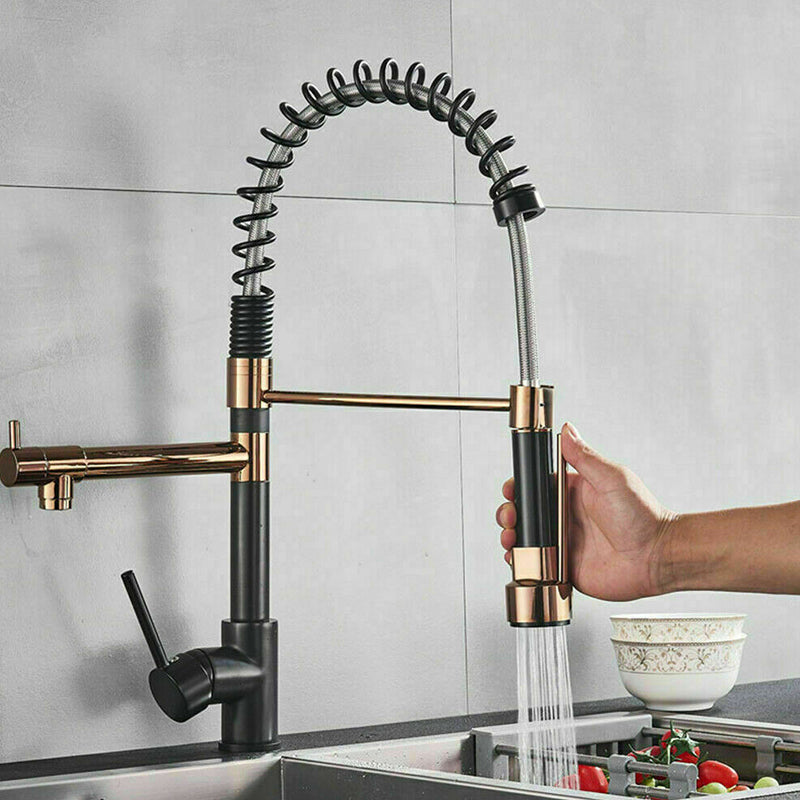 Farmhouse Bar Faucet Brass Lever Handles Spring Spout Swivel Spout Pre-Rinse Faucet Clearhalo 'Home Improvement' 'home_improvement' 'home_improvement_kitchen_faucets' 'Kitchen Faucets' 'Kitchen Remodel & Kitchen Fixtures' 'Kitchen Sinks & Faucet Components' 'kitchen_faucets' 6467065