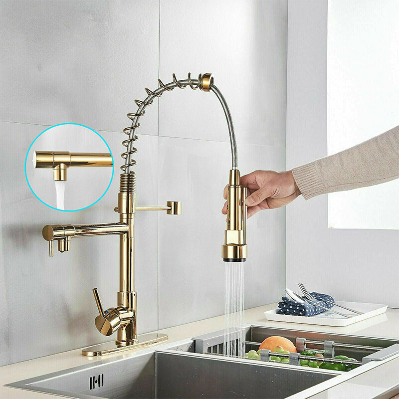 Farmhouse Bar Faucet Brass Lever Handles Spring Spout Swivel Spout Pre-Rinse Faucet Clearhalo 'Home Improvement' 'home_improvement' 'home_improvement_kitchen_faucets' 'Kitchen Faucets' 'Kitchen Remodel & Kitchen Fixtures' 'Kitchen Sinks & Faucet Components' 'kitchen_faucets' 6467066