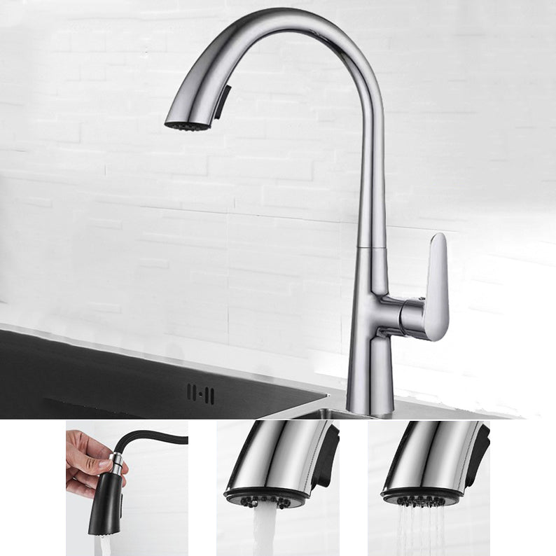 Modern Style Kitchen Faucet Copper 1-Handle High Arc Retractable Kitchen Faucet Metal Chrome Clearhalo 'Home Improvement' 'home_improvement' 'home_improvement_kitchen_faucets' 'Kitchen Faucets' 'Kitchen Remodel & Kitchen Fixtures' 'Kitchen Sinks & Faucet Components' 'kitchen_faucets' 6467105