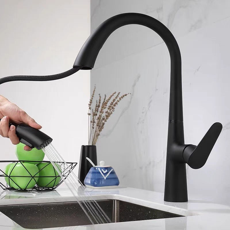 Modern Style Kitchen Faucet Copper 1-Handle High Arc Retractable Kitchen Faucet Metal Black Clearhalo 'Home Improvement' 'home_improvement' 'home_improvement_kitchen_faucets' 'Kitchen Faucets' 'Kitchen Remodel & Kitchen Fixtures' 'Kitchen Sinks & Faucet Components' 'kitchen_faucets' 6467107