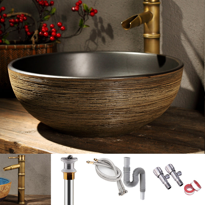 Porcelain Trough Bathroom Sink Traditional Trough Bathroom Sink Brown Sink with Faucet Clearhalo 'Bathroom Remodel & Bathroom Fixtures' 'Bathroom Sinks & Faucet Components' 'Bathroom Sinks' 'bathroom_sink' 'Home Improvement' 'home_improvement' 'home_improvement_bathroom_sink' 6467769