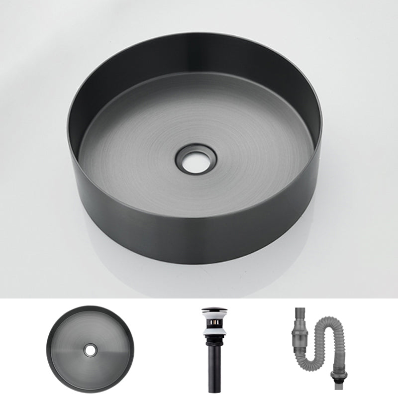 Modern Basin Sink Metal Round with Pop-Up Drain and Faucet Vessel Bathroom Sink Black None Sink Clearhalo 'Bathroom Remodel & Bathroom Fixtures' 'Bathroom Sinks & Faucet Components' 'Bathroom Sinks' 'bathroom_sink' 'Home Improvement' 'home_improvement' 'home_improvement_bathroom_sink' 6467820