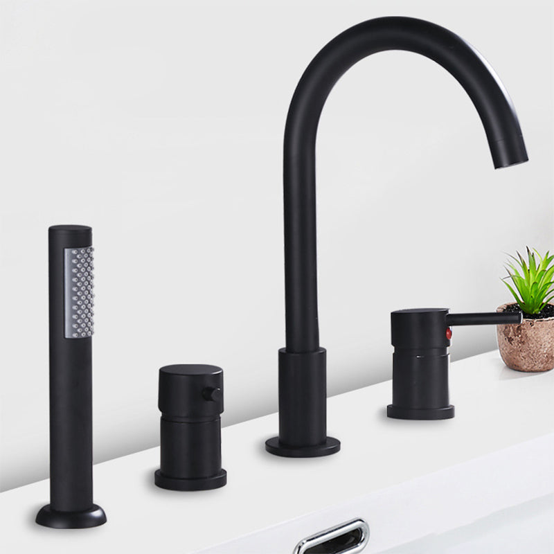 Deck Mounted Metal Roman Tub Faucet Low Arc Roman Tub Faucet Set Black Clearhalo 'Bathroom Remodel & Bathroom Fixtures' 'Bathtub Faucets' 'bathtub_faucets' 'Home Improvement' 'home_improvement' 'home_improvement_bathtub_faucets' 6468181