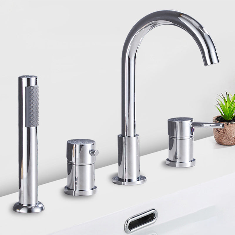 Deck Mounted Metal Roman Tub Faucet Low Arc Roman Tub Faucet Set Silver Clearhalo 'Bathroom Remodel & Bathroom Fixtures' 'Bathtub Faucets' 'bathtub_faucets' 'Home Improvement' 'home_improvement' 'home_improvement_bathtub_faucets' 6468183