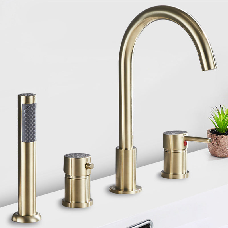 Deck Mounted Metal Roman Tub Faucet Low Arc Roman Tub Faucet Set Gold Clearhalo 'Bathroom Remodel & Bathroom Fixtures' 'Bathtub Faucets' 'bathtub_faucets' 'Home Improvement' 'home_improvement' 'home_improvement_bathtub_faucets' 6468184