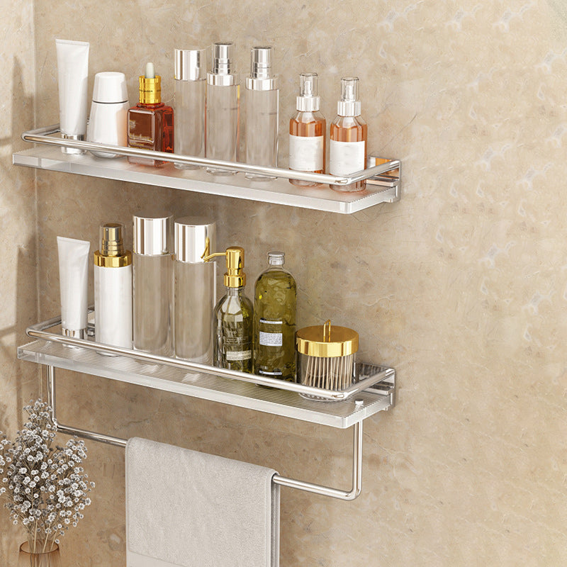 Modern Silver/Gold Bathroom Hardware Set Bath Shelf Bathroom Set Silver Double Layer with Bar Square Bath Shelf (20"L) Clearhalo 'Bathroom Hardware Sets' 'Bathroom Hardware' 'Bathroom Remodel & Bathroom Fixtures' 'bathroom_hardware_sets' 'Home Improvement' 'home_improvement' 'home_improvement_bathroom_hardware_sets' 6468684