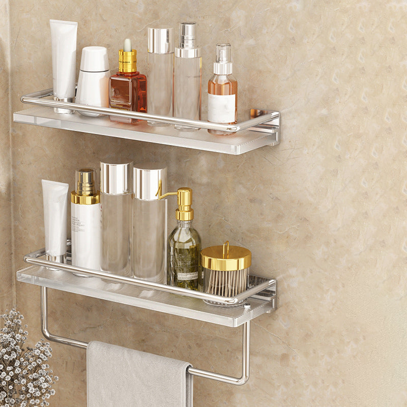 Modern Silver/Gold Bathroom Hardware Set Bath Shelf Bathroom Set Silver Double Layer with Bar Square Bath Shelf (16"L) Clearhalo 'Bathroom Hardware Sets' 'Bathroom Hardware' 'Bathroom Remodel & Bathroom Fixtures' 'bathroom_hardware_sets' 'Home Improvement' 'home_improvement' 'home_improvement_bathroom_hardware_sets' 6468688