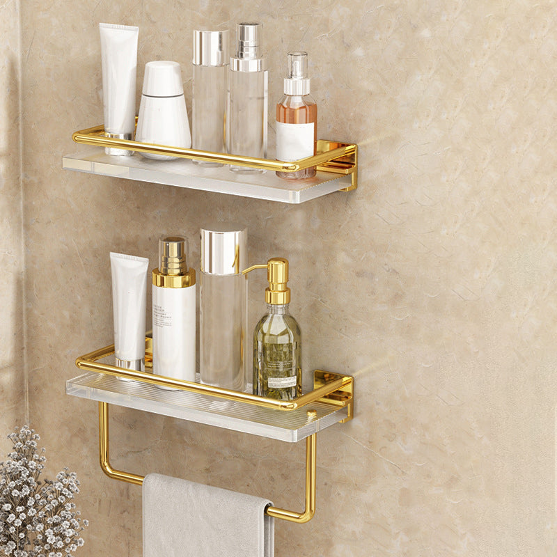 Modern Silver/Gold Bathroom Hardware Set Bath Shelf Bathroom Set Gold Double Layer with Bar Square Bath Shelf (12"L) Clearhalo 'Bathroom Hardware Sets' 'Bathroom Hardware' 'Bathroom Remodel & Bathroom Fixtures' 'bathroom_hardware_sets' 'Home Improvement' 'home_improvement' 'home_improvement_bathroom_hardware_sets' 6468693