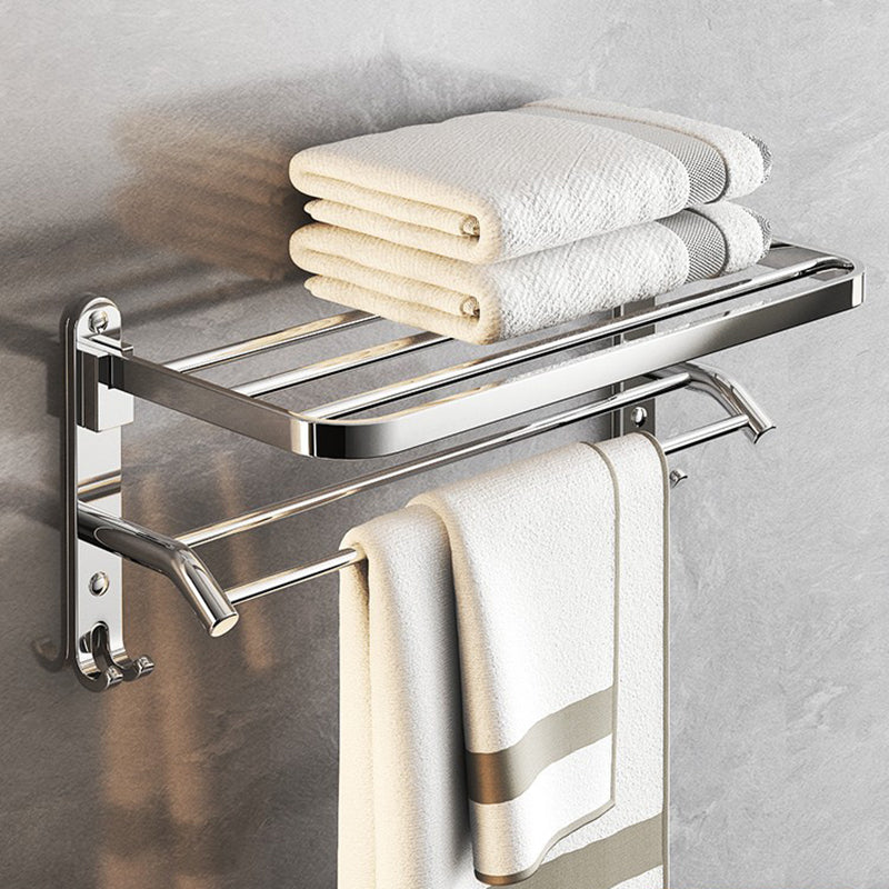 Chrome Modern Bathroom Hardware Set Stainless Steel Robe Hooks/Towel Bar & Bath Shelf Double Hooks Double Bars Foldable Towel Rack (20"L) Clearhalo 'Bathroom Hardware Sets' 'Bathroom Hardware' 'Bathroom Remodel & Bathroom Fixtures' 'bathroom_hardware_sets' 'Home Improvement' 'home_improvement' 'home_improvement_bathroom_hardware_sets' 6468838