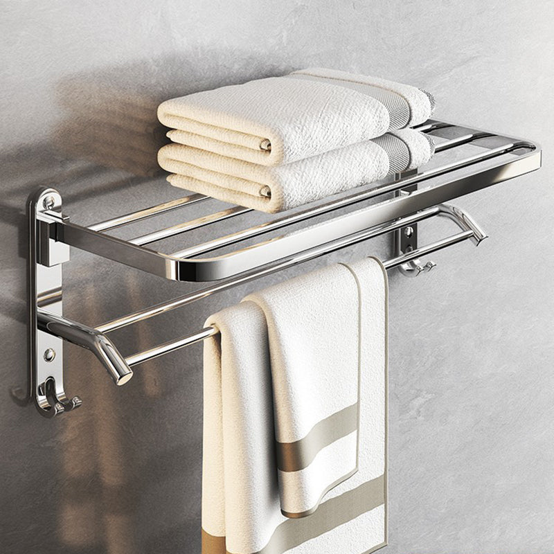 Chrome Modern Bathroom Hardware Set Stainless Steel Robe Hooks/Towel Bar & Bath Shelf Double Hooks Double Bars Foldable Towel Rack (24"L) Clearhalo 'Bathroom Hardware Sets' 'Bathroom Hardware' 'Bathroom Remodel & Bathroom Fixtures' 'bathroom_hardware_sets' 'Home Improvement' 'home_improvement' 'home_improvement_bathroom_hardware_sets' 6468839