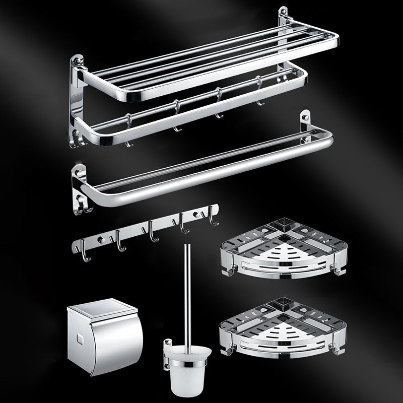 Chrome Modern Bathroom Hardware Set Stainless Steel Robe Hooks/Towel Bar & Bath Shelf Double Hooks Foldable 7-Piece Set (5"L Toilet Paper Holder) Clearhalo 'Bathroom Hardware Sets' 'Bathroom Hardware' 'Bathroom Remodel & Bathroom Fixtures' 'bathroom_hardware_sets' 'Home Improvement' 'home_improvement' 'home_improvement_bathroom_hardware_sets' 6468842