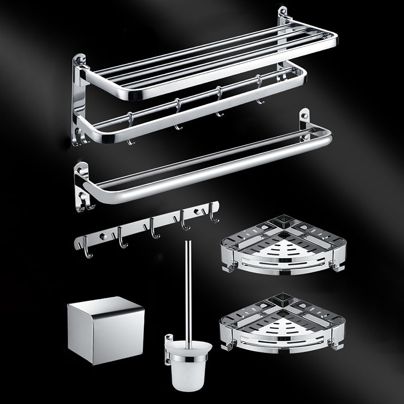 Chrome Modern Bathroom Hardware Set Stainless Steel Robe Hooks/Towel Bar & Bath Shelf Double Hooks Foldable 7-Piece Set (6"L Toilet Paper Holder) Clearhalo 'Bathroom Hardware Sets' 'Bathroom Hardware' 'Bathroom Remodel & Bathroom Fixtures' 'bathroom_hardware_sets' 'Home Improvement' 'home_improvement' 'home_improvement_bathroom_hardware_sets' 6468844