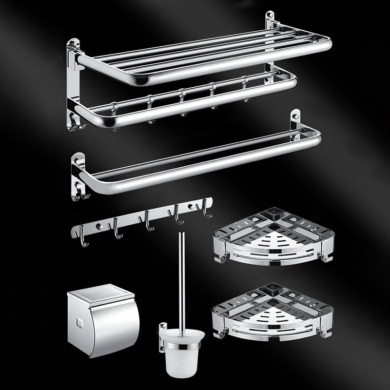 Chrome Modern Bathroom Hardware Set Stainless Steel Robe Hooks/Towel Bar & Bath Shelf Double Hooks 7-Piece Set (5"L Toilet Paper Holder) Clearhalo 'Bathroom Hardware Sets' 'Bathroom Hardware' 'Bathroom Remodel & Bathroom Fixtures' 'bathroom_hardware_sets' 'Home Improvement' 'home_improvement' 'home_improvement_bathroom_hardware_sets' 6468846