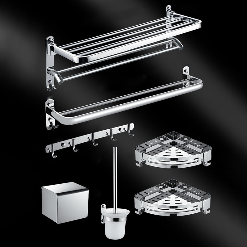 Chrome Modern Bathroom Hardware Set Stainless Steel Robe Hooks/Towel Bar & Bath Shelf Double Hooks Double Bars 7-Piece (6"L Toilet Paper Holder) Clearhalo 'Bathroom Hardware Sets' 'Bathroom Hardware' 'Bathroom Remodel & Bathroom Fixtures' 'bathroom_hardware_sets' 'Home Improvement' 'home_improvement' 'home_improvement_bathroom_hardware_sets' 6468850