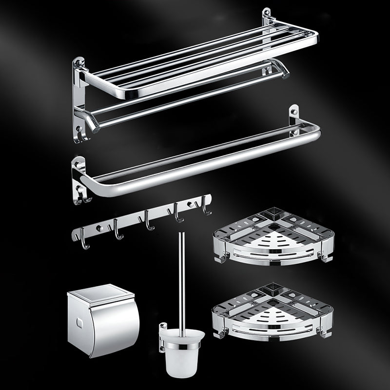 Chrome Modern Bathroom Hardware Set Stainless Steel Robe Hooks/Towel Bar & Bath Shelf Double Hooks Double Bars 7-Piece Set (5"L Toilet Paper Holder) Clearhalo 'Bathroom Hardware Sets' 'Bathroom Hardware' 'Bathroom Remodel & Bathroom Fixtures' 'bathroom_hardware_sets' 'Home Improvement' 'home_improvement' 'home_improvement_bathroom_hardware_sets' 6468851