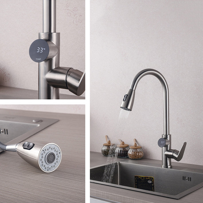 Modern Style Kitchen Faucet Stainless Steel 1-Handle High Arc Retractable Kitchen Faucet Clearhalo 'Home Improvement' 'home_improvement' 'home_improvement_kitchen_faucets' 'Kitchen Faucets' 'Kitchen Remodel & Kitchen Fixtures' 'Kitchen Sinks & Faucet Components' 'kitchen_faucets' 6484235