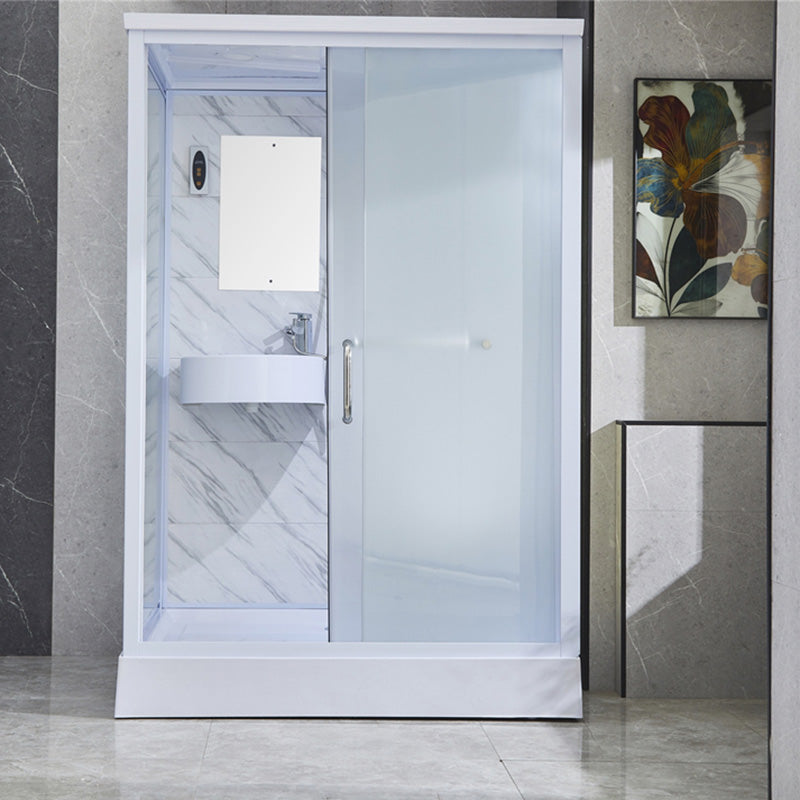 Rectangular Frosted Glass Shower Enclosure Single Sliding Framed Shower Enclosure Toilet Included Clearhalo 'Bathroom Remodel & Bathroom Fixtures' 'Home Improvement' 'home_improvement' 'home_improvement_shower_stalls_enclosures' 'Shower Stalls & Enclosures' 'shower_stalls_enclosures' 'Showers & Bathtubs' 6484673