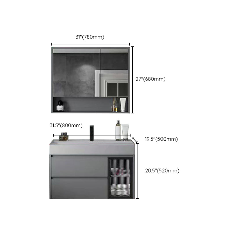 Drawers Bathroom Vanity Metal Single Sink Grey Rectangle Wall Mount Vanity Set with Mirror Clearhalo 'Bathroom Remodel & Bathroom Fixtures' 'Bathroom Vanities' 'bathroom_vanities' 'Home Improvement' 'home_improvement' 'home_improvement_bathroom_vanities' 6484948