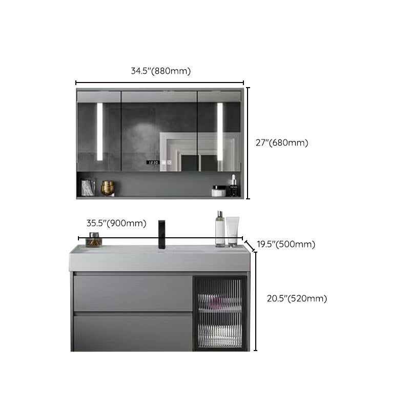 Drawers Bathroom Vanity Metal Single Sink Grey Rectangle Wall Mount Vanity Set with Mirror Clearhalo 'Bathroom Remodel & Bathroom Fixtures' 'Bathroom Vanities' 'bathroom_vanities' 'Home Improvement' 'home_improvement' 'home_improvement_bathroom_vanities' 6484956