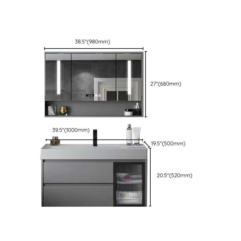 Drawers Bathroom Vanity Metal Single Sink Grey Rectangle Wall Mount Vanity Set with Mirror Clearhalo 'Bathroom Remodel & Bathroom Fixtures' 'Bathroom Vanities' 'bathroom_vanities' 'Home Improvement' 'home_improvement' 'home_improvement_bathroom_vanities' 6484957