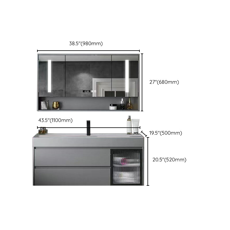 Drawers Bathroom Vanity Metal Single Sink Grey Rectangle Wall Mount Vanity Set with Mirror Clearhalo 'Bathroom Remodel & Bathroom Fixtures' 'Bathroom Vanities' 'bathroom_vanities' 'Home Improvement' 'home_improvement' 'home_improvement_bathroom_vanities' 6484958