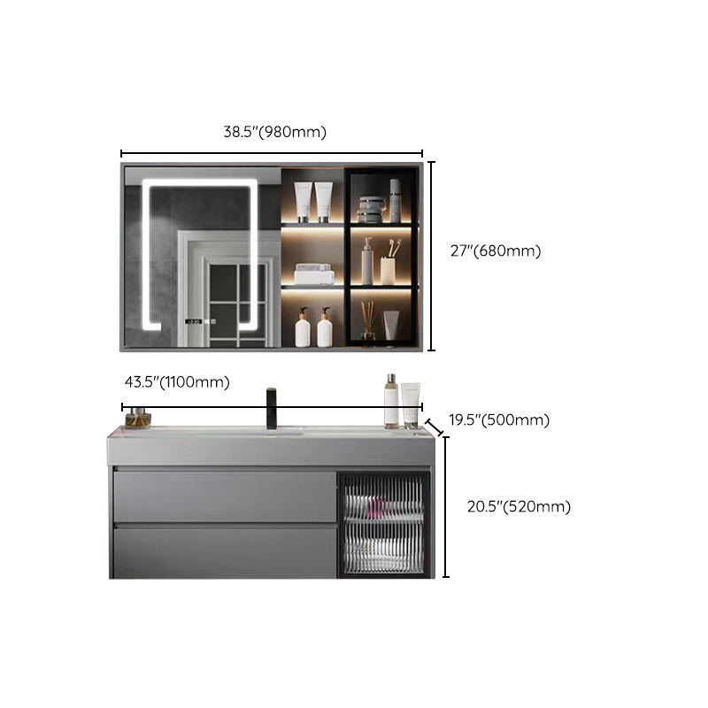 Drawers Bathroom Vanity Metal Single Sink Grey Rectangle Wall Mount Vanity Set with Mirror Clearhalo 'Bathroom Remodel & Bathroom Fixtures' 'Bathroom Vanities' 'bathroom_vanities' 'Home Improvement' 'home_improvement' 'home_improvement_bathroom_vanities' 6484964