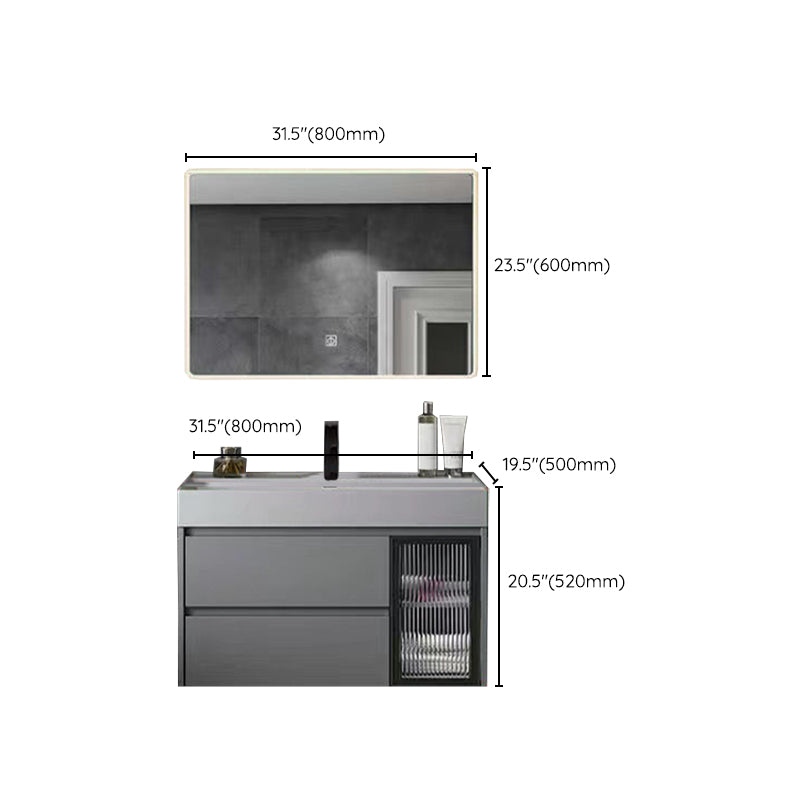 Drawers Bathroom Vanity Metal Single Sink Grey Rectangle Wall Mount Vanity Set with Mirror Clearhalo 'Bathroom Remodel & Bathroom Fixtures' 'Bathroom Vanities' 'bathroom_vanities' 'Home Improvement' 'home_improvement' 'home_improvement_bathroom_vanities' 6484967