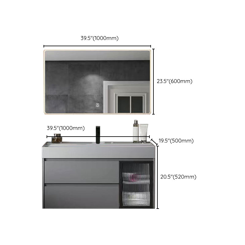 Drawers Bathroom Vanity Metal Single Sink Grey Rectangle Wall Mount Vanity Set with Mirror Clearhalo 'Bathroom Remodel & Bathroom Fixtures' 'Bathroom Vanities' 'bathroom_vanities' 'Home Improvement' 'home_improvement' 'home_improvement_bathroom_vanities' 6484969