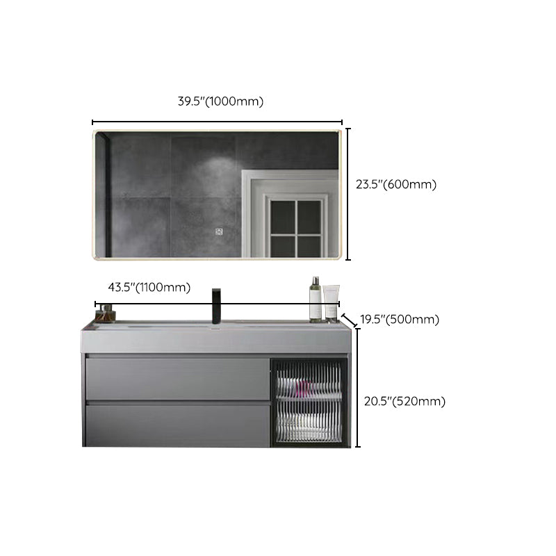 Drawers Bathroom Vanity Metal Single Sink Grey Rectangle Wall Mount Vanity Set with Mirror Clearhalo 'Bathroom Remodel & Bathroom Fixtures' 'Bathroom Vanities' 'bathroom_vanities' 'Home Improvement' 'home_improvement' 'home_improvement_bathroom_vanities' 6484970