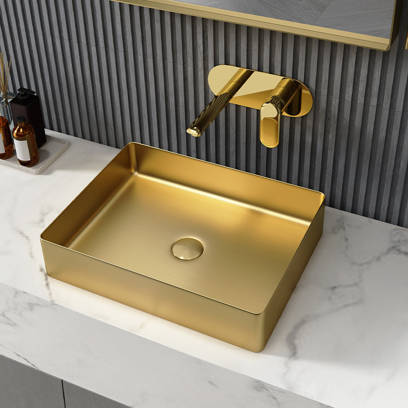 Metal Rectangular Bathroom Sink Modern Bathroom Sink with Faucet Gold Wall Mounted Faucet Sink with Faucet Clearhalo 'Bathroom Remodel & Bathroom Fixtures' 'Bathroom Sinks & Faucet Components' 'Bathroom Sinks' 'bathroom_sink' 'Home Improvement' 'home_improvement' 'home_improvement_bathroom_sink' 6485382