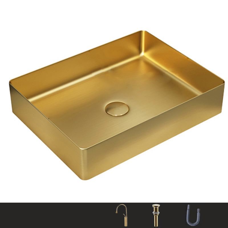 Metal Rectangular Bathroom Sink Modern Bathroom Sink with Faucet Gold Gooseneck/High Arc Sink with Faucet Clearhalo 'Bathroom Remodel & Bathroom Fixtures' 'Bathroom Sinks & Faucet Components' 'Bathroom Sinks' 'bathroom_sink' 'Home Improvement' 'home_improvement' 'home_improvement_bathroom_sink' 6485394