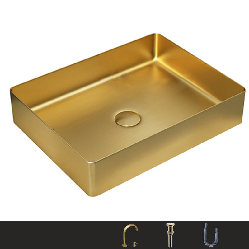 Metal Rectangular Bathroom Sink Modern Bathroom Sink with Faucet Gold Square Faucet Sink with Faucet Clearhalo 'Bathroom Remodel & Bathroom Fixtures' 'Bathroom Sinks & Faucet Components' 'Bathroom Sinks' 'bathroom_sink' 'Home Improvement' 'home_improvement' 'home_improvement_bathroom_sink' 6485396