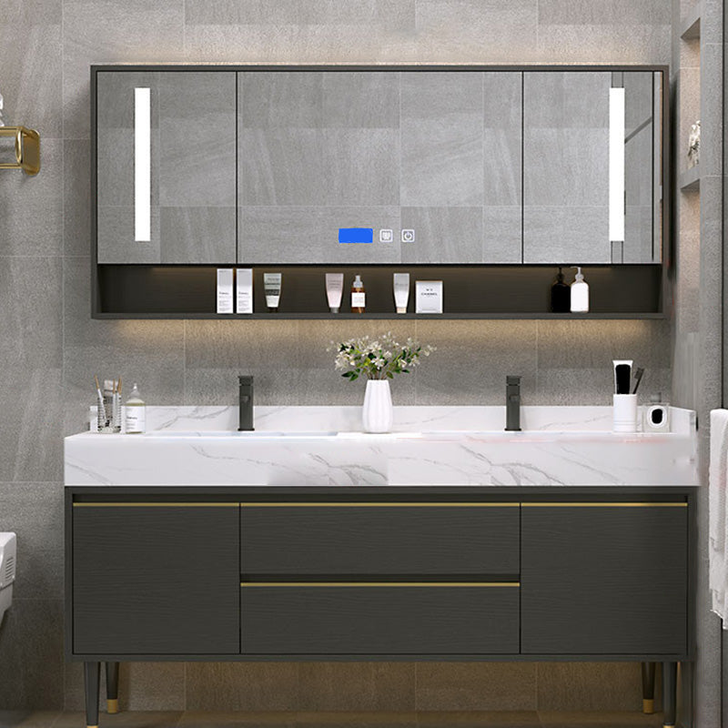 Metal Frame Vanity Drawers Rectangle Black Mirror Bathroom Vanity Set with 2 Doors Vanity & Faucet & Smart Medicine Cabinet Clearhalo 'Bathroom Remodel & Bathroom Fixtures' 'Bathroom Vanities' 'bathroom_vanities' 'Home Improvement' 'home_improvement' 'home_improvement_bathroom_vanities' 6486447