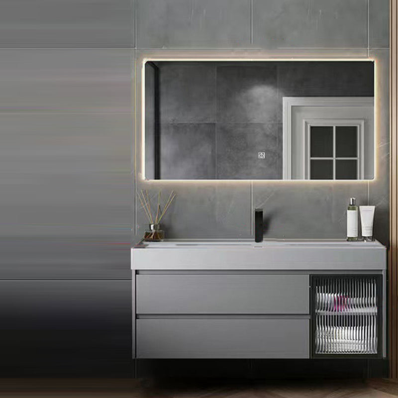 Drawers Bathroom Vanity Metal Single Sink Grey Rectangle Wall Mount Vanity Set with Mirror Vanity & Faucet & Mirrors Clearhalo 'Bathroom Remodel & Bathroom Fixtures' 'Bathroom Vanities' 'bathroom_vanities' 'Home Improvement' 'home_improvement' 'home_improvement_bathroom_vanities' 6487689