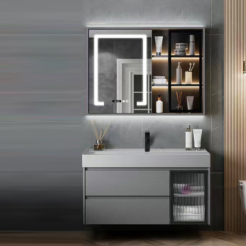 Drawers Bathroom Vanity Metal Single Sink Grey Rectangle Wall Mount Vanity Set with Mirror Vanity & Faucet & Fully Sealed Smart Mirror Cabinet Clearhalo 'Bathroom Remodel & Bathroom Fixtures' 'Bathroom Vanities' 'bathroom_vanities' 'Home Improvement' 'home_improvement' 'home_improvement_bathroom_vanities' 6487697