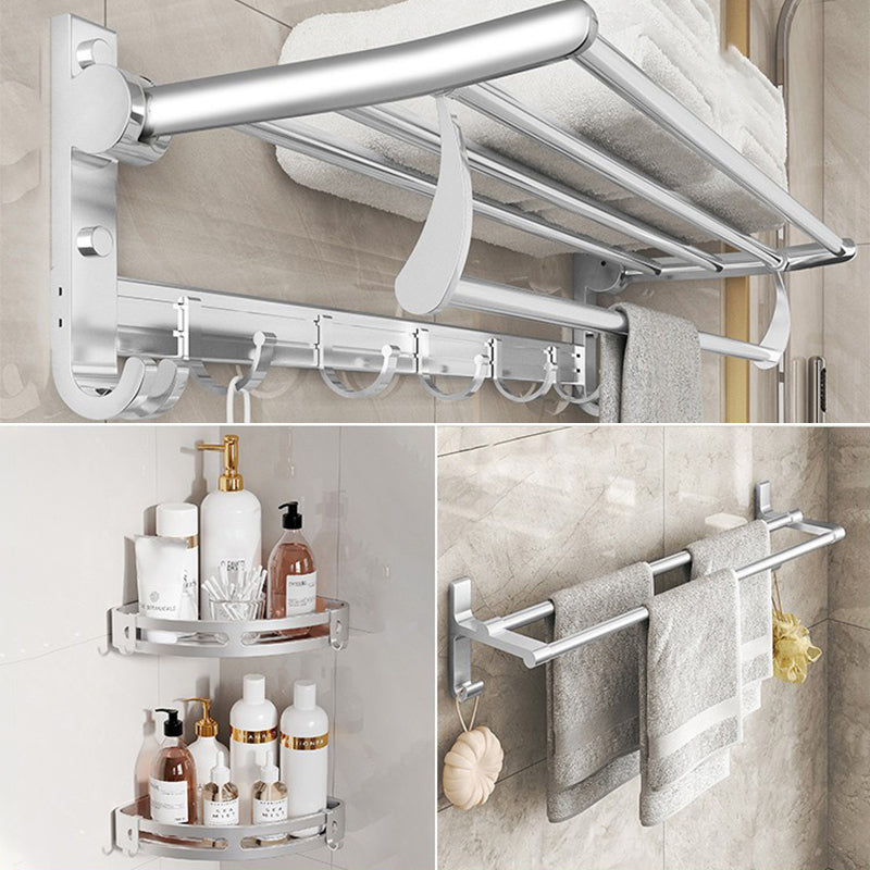 Chrome/Black Classic Bathroom Accessory Set Modern Bath Shelf/ Towel Bar & Paper Holder Silver 4-Piece Set (with Hook) Clearhalo 'Bathroom Hardware Sets' 'Bathroom Hardware' 'Bathroom Remodel & Bathroom Fixtures' 'bathroom_hardware_sets' 'Home Improvement' 'home_improvement' 'home_improvement_bathroom_hardware_sets' 6495548