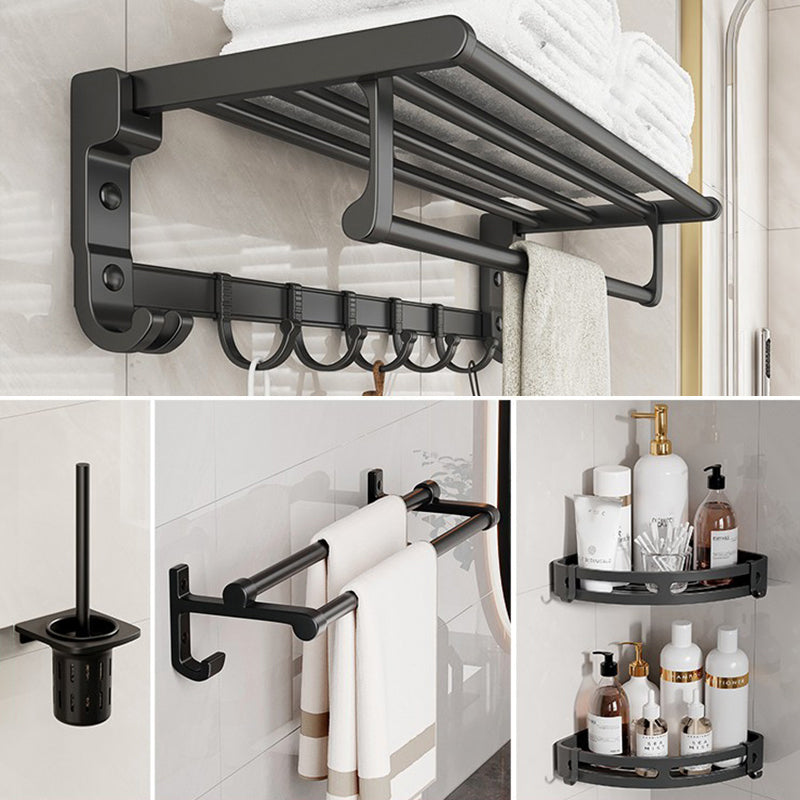 Chrome/Black Classic Bathroom Accessory Set Modern Bath Shelf/ Towel Bar & Paper Holder Black 5-Piece Set (with Hook) Clearhalo 'Bathroom Hardware Sets' 'Bathroom Hardware' 'Bathroom Remodel & Bathroom Fixtures' 'bathroom_hardware_sets' 'Home Improvement' 'home_improvement' 'home_improvement_bathroom_hardware_sets' 6495552