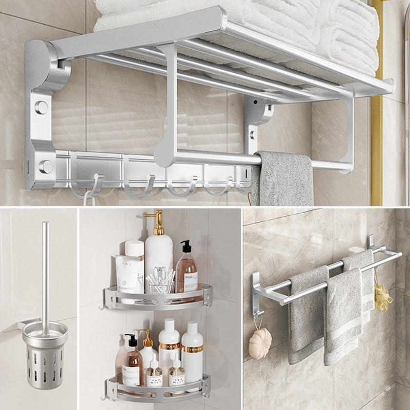 Chrome/Black Classic Bathroom Accessory Set Modern Bath Shelf/ Towel Bar & Paper Holder Silver 5-Piece Set (without Hook) Clearhalo 'Bathroom Hardware Sets' 'Bathroom Hardware' 'Bathroom Remodel & Bathroom Fixtures' 'bathroom_hardware_sets' 'Home Improvement' 'home_improvement' 'home_improvement_bathroom_hardware_sets' 6495555