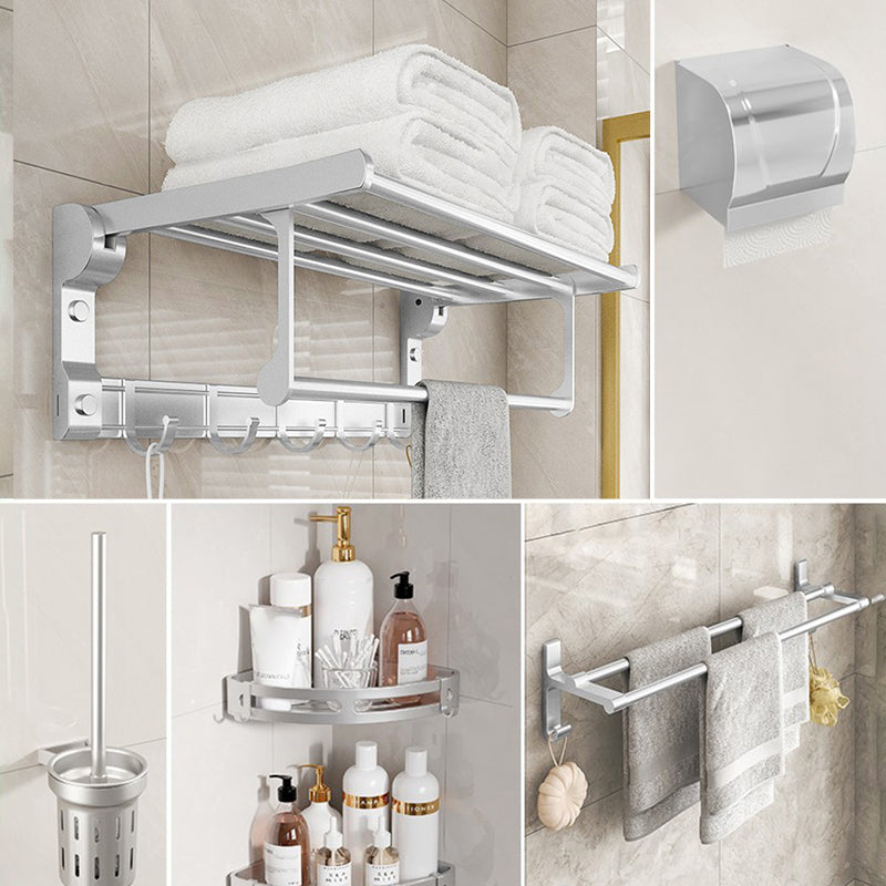 Chrome/Black Classic Bathroom Accessory Set Modern Bath Shelf/ Towel Bar & Paper Holder Silver 6-Piece Set (without Hook) Clearhalo 'Bathroom Hardware Sets' 'Bathroom Hardware' 'Bathroom Remodel & Bathroom Fixtures' 'bathroom_hardware_sets' 'Home Improvement' 'home_improvement' 'home_improvement_bathroom_hardware_sets' 6495557