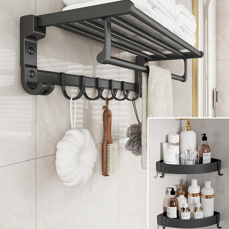 Chrome/Black Classic Bathroom Accessory Set Modern Bath Shelf/ Towel Bar & Paper Holder Black Towel Rack with Bath Shelf (Triangular) Clearhalo 'Bathroom Hardware Sets' 'Bathroom Hardware' 'Bathroom Remodel & Bathroom Fixtures' 'bathroom_hardware_sets' 'Home Improvement' 'home_improvement' 'home_improvement_bathroom_hardware_sets' 6495563