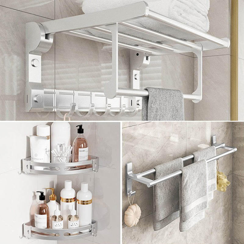 Chrome/Black Classic Bathroom Accessory Set Modern Bath Shelf/ Towel Bar & Paper Holder Silver 4-Piece Set (without Hook) Clearhalo 'Bathroom Hardware Sets' 'Bathroom Hardware' 'Bathroom Remodel & Bathroom Fixtures' 'bathroom_hardware_sets' 'Home Improvement' 'home_improvement' 'home_improvement_bathroom_hardware_sets' 6495565