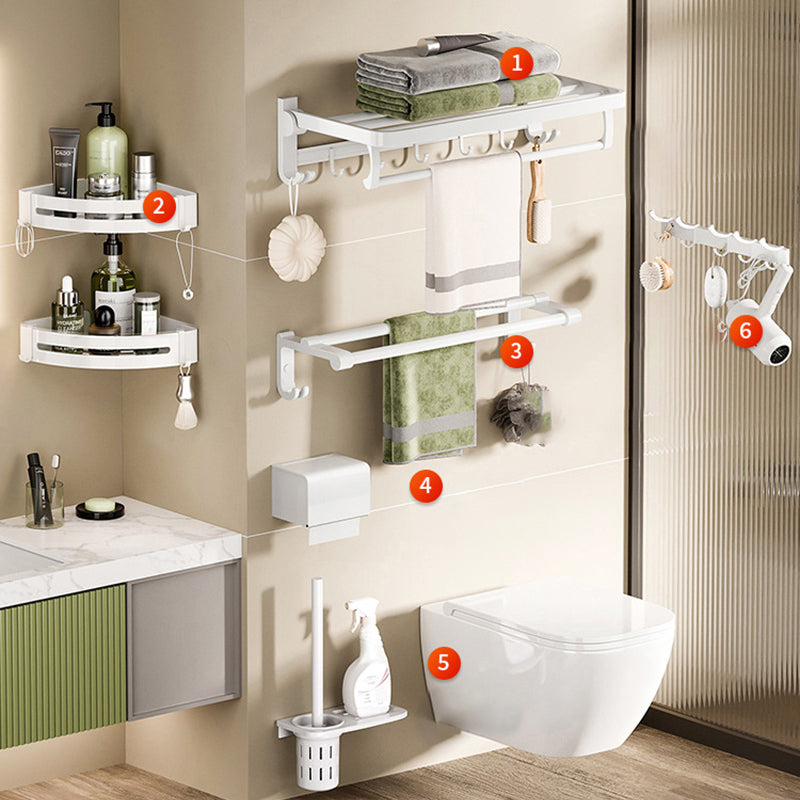 Modern Bathroom Hardware Set Towel Bar White Bath Shelf Bath Hardware Set 7-Piece Set (Hooks) Clearhalo 'Bathroom Hardware Sets' 'Bathroom Hardware' 'Bathroom Remodel & Bathroom Fixtures' 'bathroom_hardware_sets' 'Home Improvement' 'home_improvement' 'home_improvement_bathroom_hardware_sets' 6495622