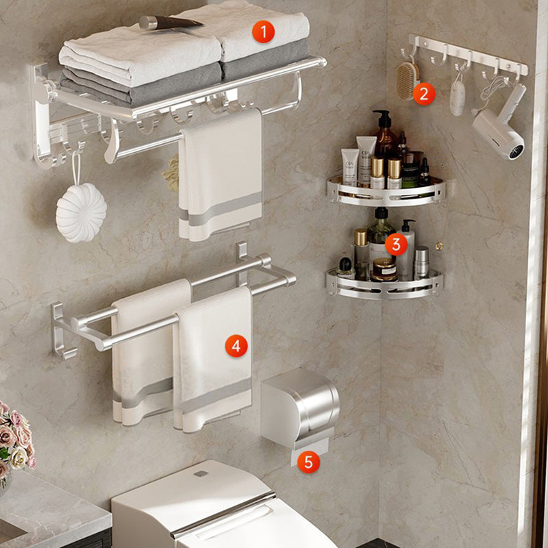 Modern Polished Chrome Bathroom Accessory Set Bath Shelf/Towel Bar/ Paper Holder Included 6-Piece Set (Row Hook) Clearhalo 'Bathroom Hardware Sets' 'Bathroom Hardware' 'Bathroom Remodel & Bathroom Fixtures' 'bathroom_hardware_sets' 'Home Improvement' 'home_improvement' 'home_improvement_bathroom_hardware_sets' 6495682