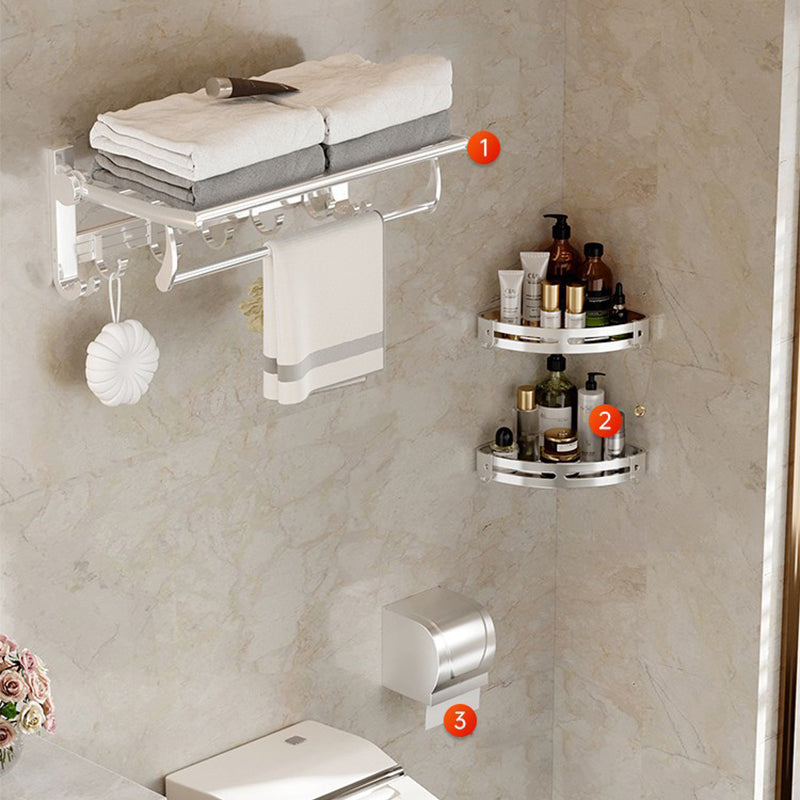 Modern Polished Chrome Bathroom Accessory Set Bath Shelf/Towel Bar/ Paper Holder Included Towel Rack with Bath Shelf (Triangular) and Toilet Paper Holder Clearhalo 'Bathroom Hardware Sets' 'Bathroom Hardware' 'Bathroom Remodel & Bathroom Fixtures' 'bathroom_hardware_sets' 'Home Improvement' 'home_improvement' 'home_improvement_bathroom_hardware_sets' 6495697